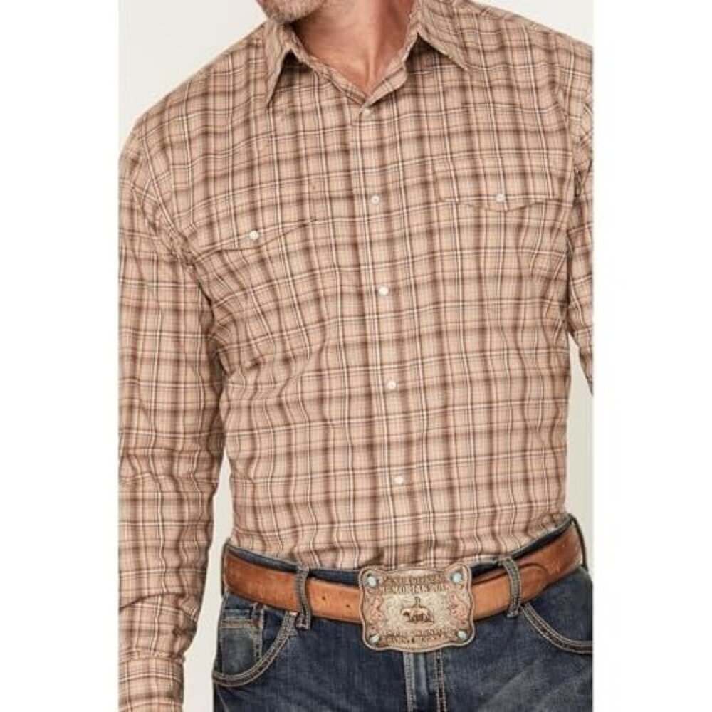 Wrangler Men's Long Sleeve Classic Fit Plaid Snap Western Shirt Brown